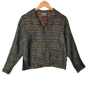 Vintage Chico's Silk Blend Button Up Top Jacket Small‎ Green Blue Gold Pattern